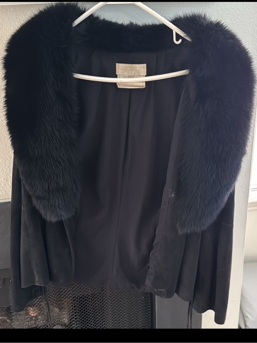 Black goat suede cinch blazer with black fox fur